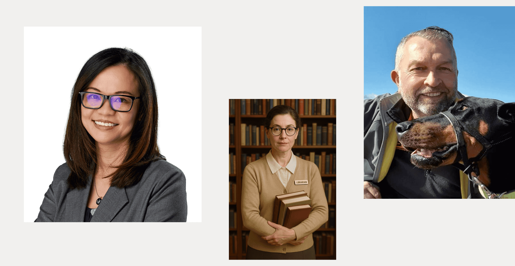 Composite image of three librarians: Natalie Pang, Steve Sharp, and an AI impression created by Sharp.